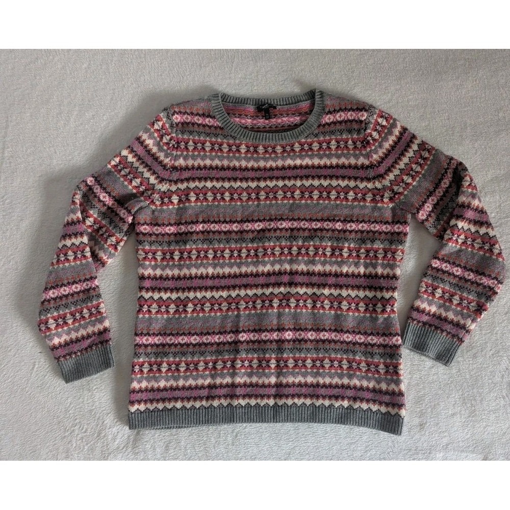 Talbots Sweater Gray Pink Fair Isle Lambswool Blend Sz MP Nordic Cabin